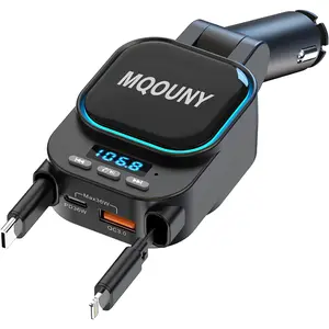 Retractable Car Charger,4 in 1 Fast Cars Phone Charger 96W,2 Retractable Cables with Bluetooth 5.3 FM Transmitter Hands-Free Calling,Gift for Men Women, Car Accessories USBC Car Chargers