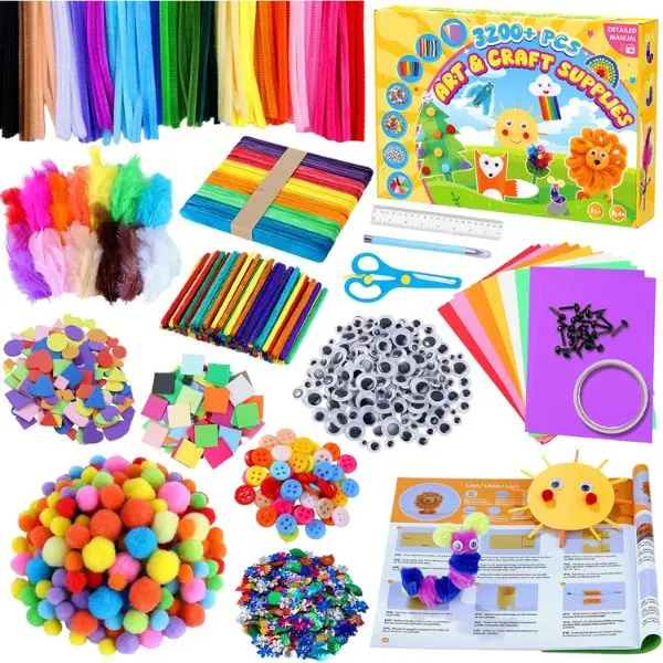 3200+ PCS Arts and Crafts Supplies for Kids All-in-One DIY Craft Kit, School Craft Box with 12 Projects, Art Supplies Set for Girls & Boys Ages 4–12, Creative Gift for party & Birthday
