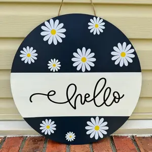 Navy Blue and White Daisy Hello Front Door Sign 18 Inches Charming Spring Summer Decor for Home Fresh Welcoming Touch