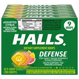 HALLS Defense Assorted Citrus Vitamin C Drops, 20 Sticks of 9 Drops (180 Total Drops)
