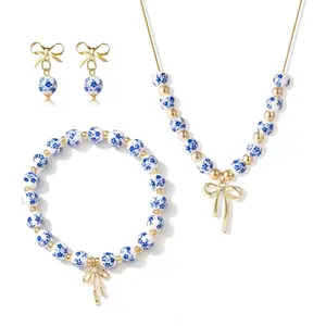 Best-selling blue and white porcelain ceramic bow beaded bracelet, vintage, fashionable, elegant, Chinese style, non-fading jewelry