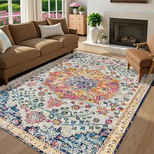 Vintage Bohemian Pattern Area Rug, Boho Floral Rug, Home Decor Sofa Table Mat Bedside Pad, Kitchen Dining Room Floor Covering