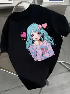 Girl's Cartoon Girl Print Round Neck Tee, Graphic Shirt, Fashion Casual Crew Neck T-Shirt for Daily Holiday Vacation Outdoor Wear, Kids Clothes for Summer