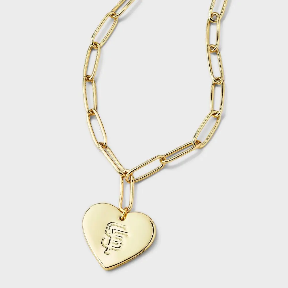 Bijoux Sport by Luv Aj MLB San Francisco Giants Gold Logo Heart Coin Pendant Paper Clip Necklace - Plated Brass Chain & Link, 16" Length, Lobster Claw Clasp, Game Day Accessory, Hand Wash Compatible