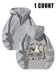 Fleece Lined Hooded Long Sleeve Half Zip Men's Fitted Sweatshirt, Casual Winter Wear, Thick Fabric with Border Print for Comfort