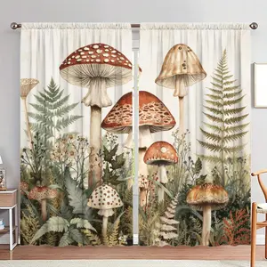 Mushroom & Fern Print Door Curtain, 1 Set Mushroom Pattern Door Curtain, Home Decor for Living Room Bedroom, Room Divider Curtain, Tassel Decor Curtain, Home Decoration Curtain