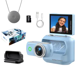 4K Action Camera Magnetic Kit with Neck Strap Detachable Live View Monitor First-Person Vlog Set Cap Magnetic Accessory for Outdoor Use 16GB Memory Card Included