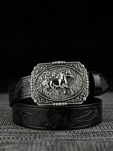 1Pcs unisex horse racing embossed alloy plate buckle, retro style belt, 1.46in/3.7cm wide black and brown embossed belt, personalized and fashionable, suitable for Halloween decoration belt, holiday gift.