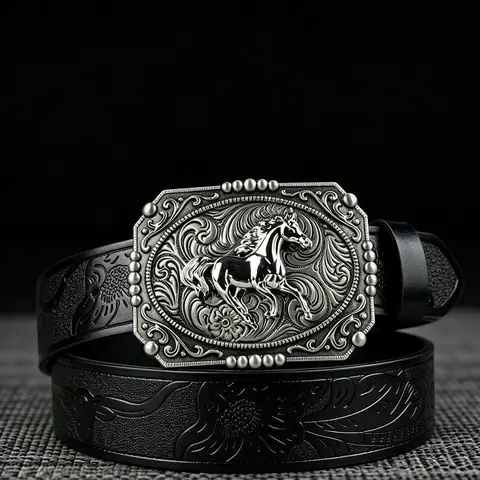 1Pcs unisex horse racing embossed alloy plate buckle, retro style PU Leather Belts, 1.46in/3.7cm wide black and brown embossed belt, personalized and fashionable, suitable for Halloween decoration belt, holiday gift, Design Belt, Belt with Buckle