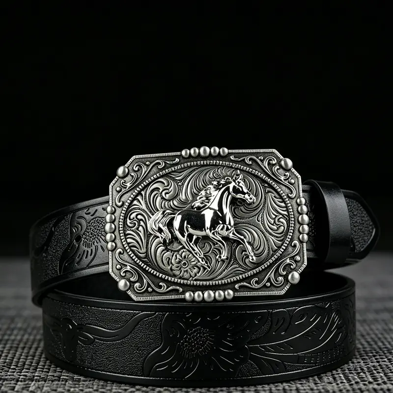 1Pcs unisex horse racing embossed alloy plate buckle, retro style PU Leather Belts, 1.46in/3.7cm wide black and brown embossed belt, personalized and fashionable, suitable for Halloween decoration belt, holiday gift, Design Belt, Belt with Buckle