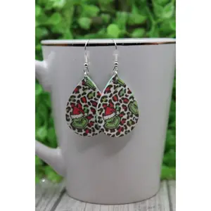 Red and Green Leopard GrinchTeardrop Earrings
