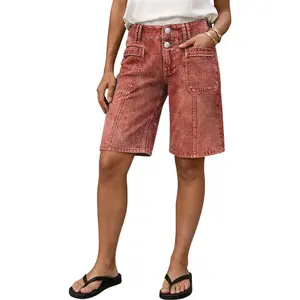 Flamingals Patched Pocket Stitch Detail Mid Waist Bermuda Shorts Stretchy 9.8'' Inseam