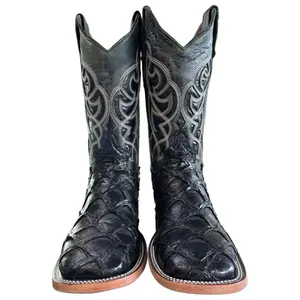 Men's Black Fish Print Boot with Intricate Embroidery and genuine Leather
