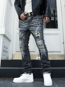 Men's Fashionable Ripped Jeans Regular Fit Denim Pants for Daily Wear, Fashion Men's Bottoms for All Seasons, Jeans Distressed