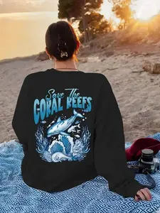 Women's Letter & Orca Print Crew Neck Pullover, Casual Long Sleeve Sweatshirt for Fall & Winter, Women's Clothes for Daily Wear