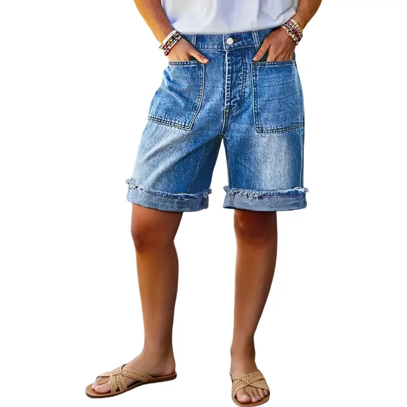 Flamingals Wash Roll Hem Patch Pocket High Rise Denim Bermuda Shorts Stretchy 9.4" Inseam