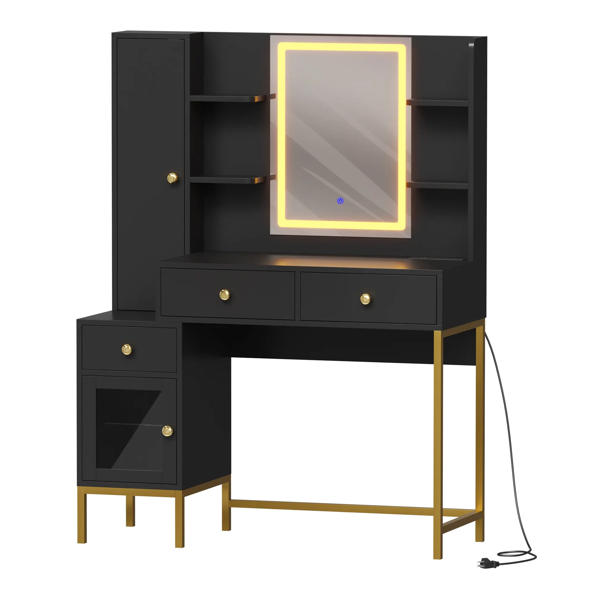 Modern LED Makeup Vanity Desk with Mirror Lights Jewelry Storage Cabinet Drawers and Charging Station for Bedroom