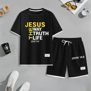 Men's Jesus The Way Truth Life Print Waffle Fabric Short-Sleeved Shirt And Shorts Set