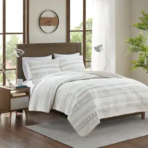 Madison Park MP13-8113 104 x 94 x 0.25 in. Fraser Printed Microfiber Seersucker Quilt Set, Taupe & Blue - King & California King Size - 3 Piece, King Size Bed, Southwest, Diamond Print