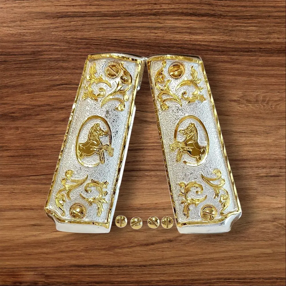 caballitos Cachas 1911 Full Size Mexican Style Government Gun Grips Gold Plated Alpaca Metal Shock Absorbing Comfort Grip for 38 40 45 9mm Caliber