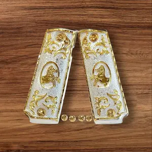 caballitos Cachas 1911 Full Size Mexican Style Government Gun Grips Gold Plated Alpaca Metal Shock Absorbing Comfort Grip for 38 40 45 9mm Caliber