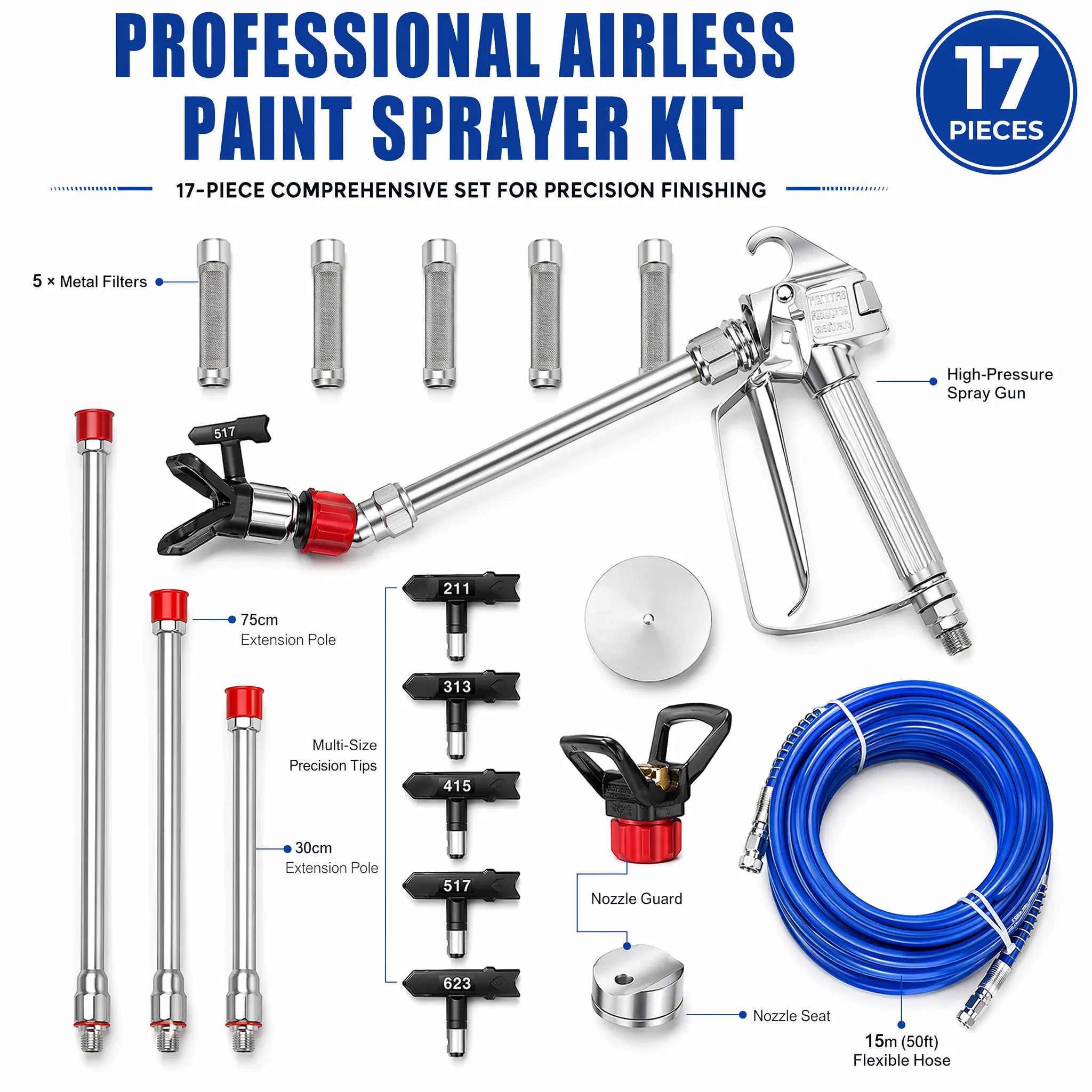 17 Pcs Airless Paint Sprayer Gun Set Including Spray Gun Hose 5 Types Nozzles 3 Sizes Extension Pole 5 Airless Spray Gun Mesh Filters Baffle Nozzle Holder