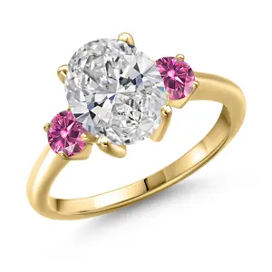 2.46 cttw IGI Certified Lab Grown Diamond and Pink Moissanite 3-Stone Engagement Ring For Women | 18K Yellow Gold Plated Silver | Center 2.00 Ct Diamond | E-F Color | VS1-VS2 Clarity
