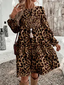 Casual Elegant Round Neck Loose Mid-Length Dress For Women, Suitable For Spring & Autumn Leopard Print Dress Leopard Print Long Sleeve Dress