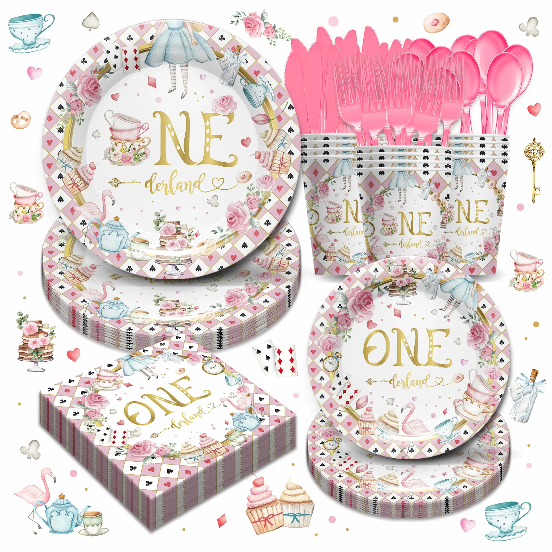 24-Guest Plastic Disposable Tableware Supplies, Wonderland Happy Birthday Princess Tea Theme Set - Pink Round Plates, Napkins, Cups, Cutlery for Children's 1st Party Baby Shower Table Decorations, Disposable Cups