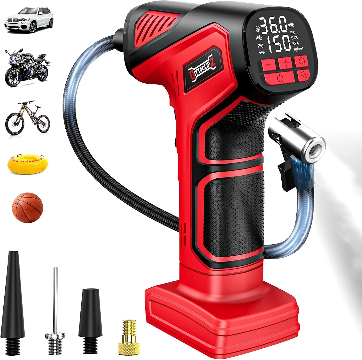 DIYtoolifz 150PSI Tire Inflator Portable Air Compressor: Cordless Air Pump Compatible with Milwaukee 18V Battery - Tire Pump with LCD Display & LED Light for Auto, Motorcycles (Tool Only)