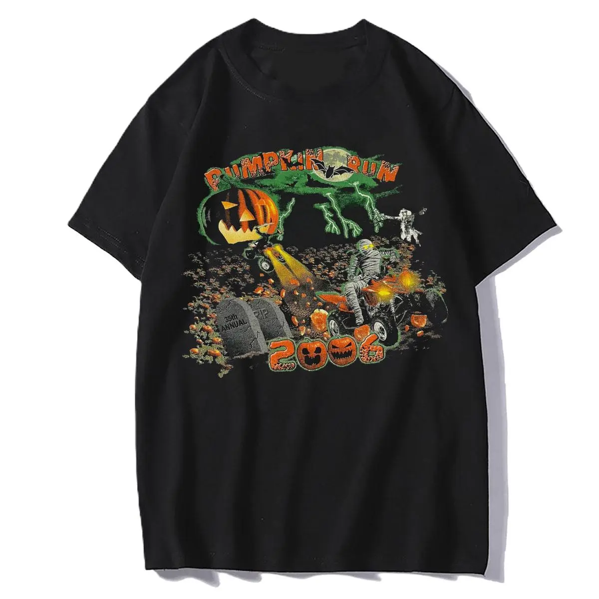 Vintage Y2K Biker Halloween Pumpkin Run 2006 Black Lightning Unisex Cotton Basic Men's T-Shirt retro
