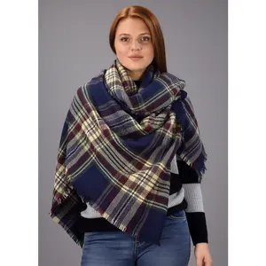 Warm Woven Oversized Tartan Plaid Blanket Scarf Shawl Brown Navy