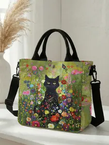 1 piece of 2D printed fashion crossbody bag with black cat and floral pattern, adjustable shoulder strap + snap closure | students/workforce/street outings | a street essential with both aesthetic appeal and practicality Everyday Crossbody Bag