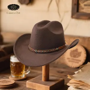 Western Style Cowgirl Cap Stylish Pentagram Leather Belt Decorated Wide Brimmed Fedora Hat for Men Women Outdoor Wear
