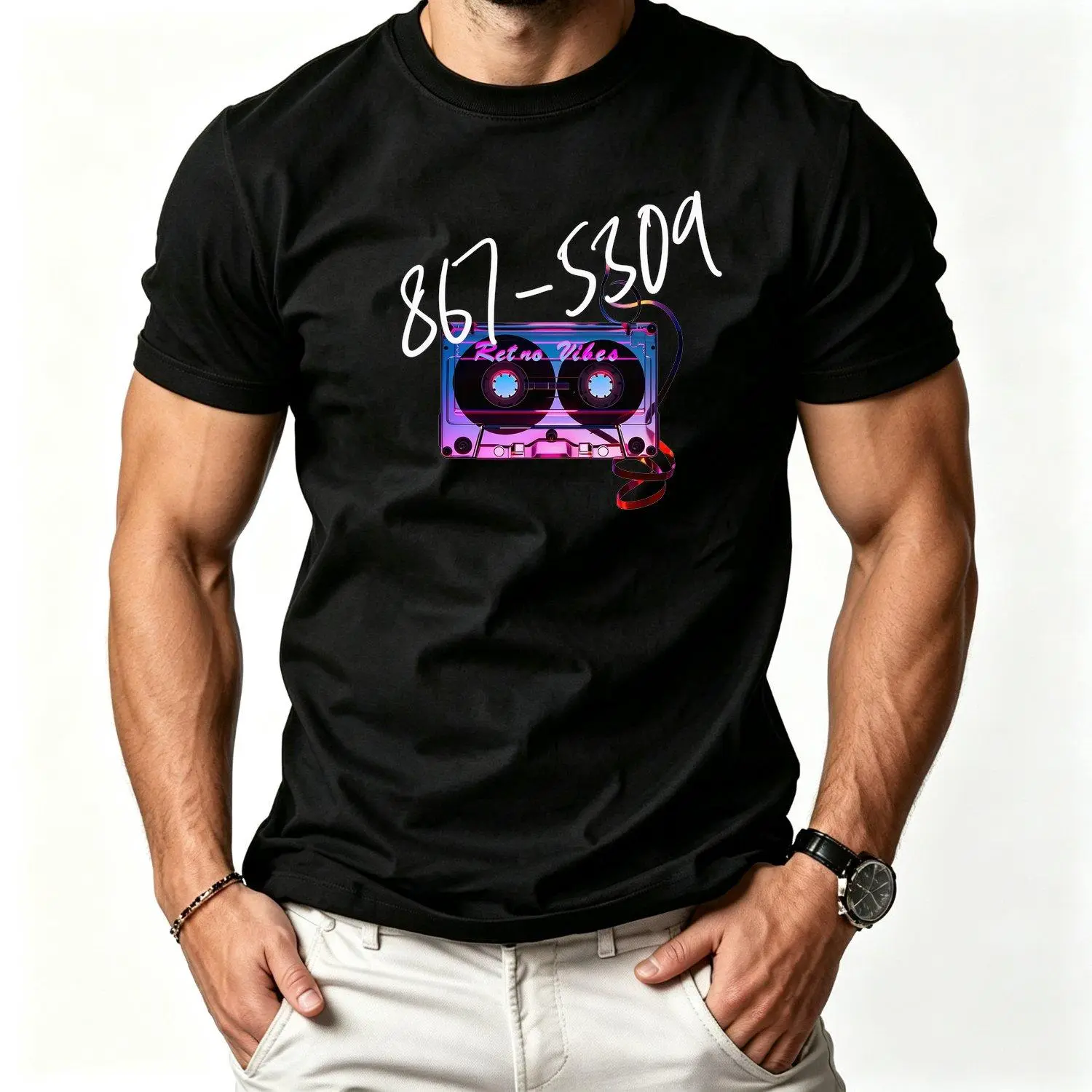 Men's 867-5309 Vibes 80s Jenny Printed Graphic T-Shirt - Menswear Short-Sleeve Round Neck Top, Relaxed Fit, Breathable Fabric, Casual Attire, Cold Machine Wash, Canadian-Shipped Gift for Him, Shortsleeve, Tshirt