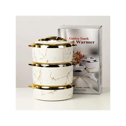 3pcs Golden Touch Insulated Stainless Steel Food Warmer Set - BPA-Free Plastic Lids, 2.1 Qt Kitchenware Thermal Casserole Dishes, Easy to Clean Elegant Design Hot & Cold Containers for Buffets & Office Use