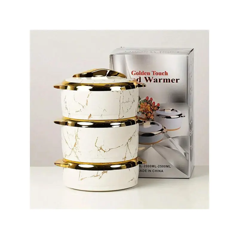 3pcs Golden Touch Insulated Stainless Steel Food Warmer Set - BPA-Free Plastic Lids, 2.1 Qt Kitchenware Thermal Casserole Dishes, Easy to Clean Elegant Design Hot & Cold Containers for Buffets & Office Use