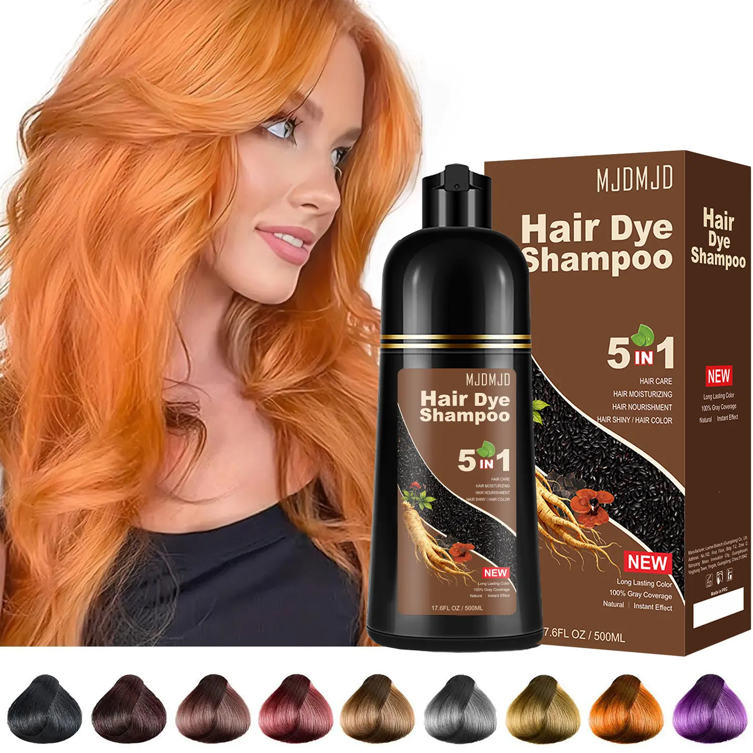 Orange Plant-Based Hair Color Shampoo for Women & Men - 5 in 1 for 100% Grey Coverage in 15 Minutes, Instant Natural Dye for All Hair Types, Para Canas