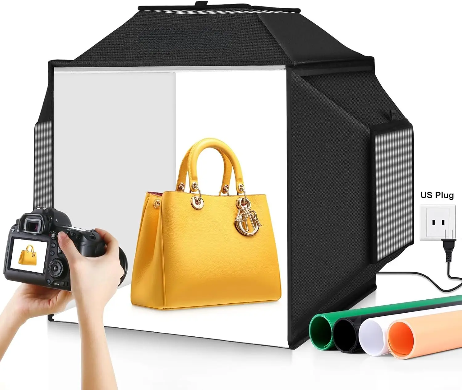 Portable Light Box Photography: 16"x16" Professional Dimmable Photo Box with High CRI 480 LED Lights - Soft Box with 4 Photo Backdrops for  and Product Photography