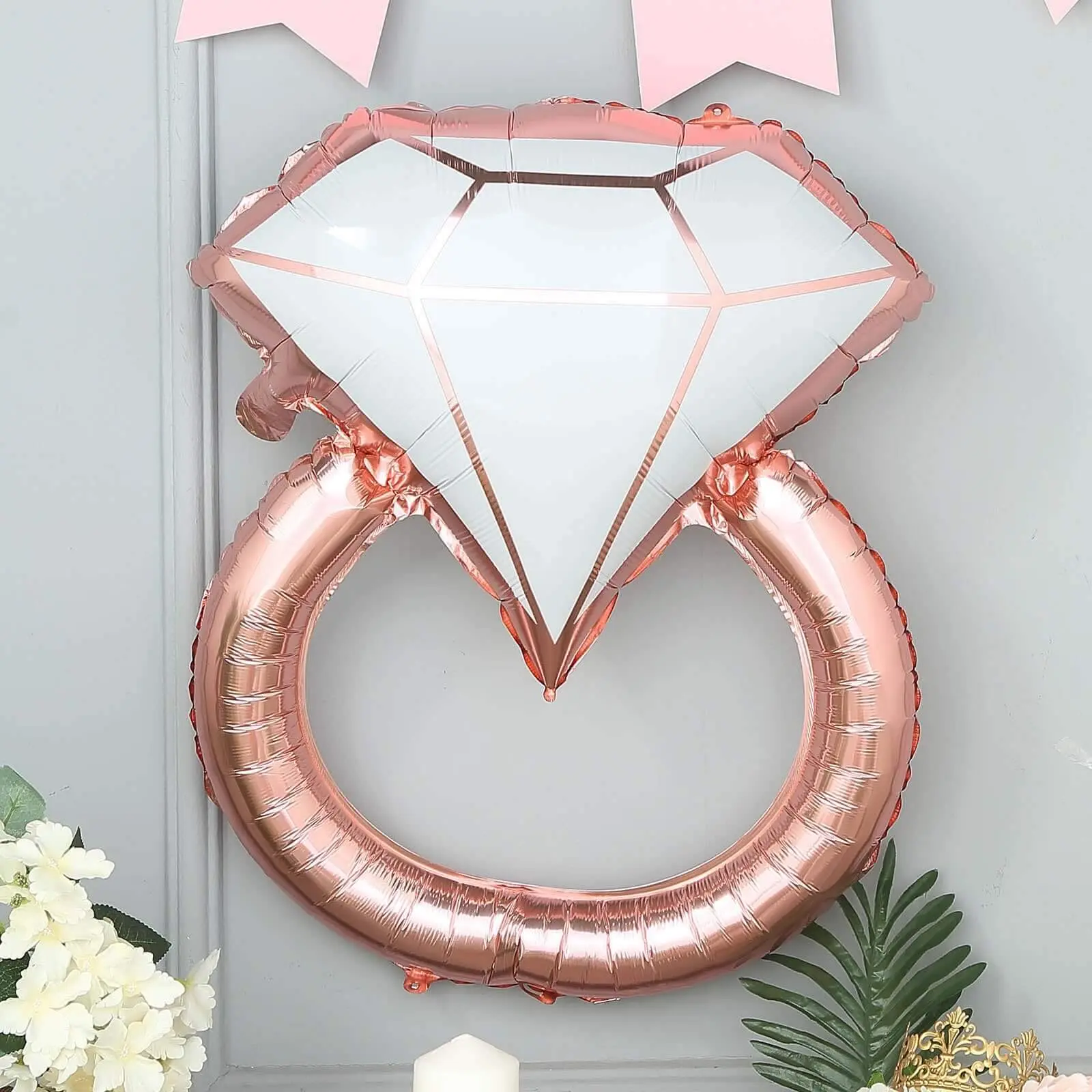 26" Giant Rose Gold White Diamond Ring Mylar Foil Balloon, Helium-Air Inflatable, Decor Accessories for Balloon Arch, Birthday Party Room Decorations