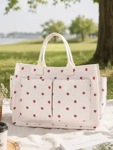 1pc Strawberry Print Tote Bag for Women, Large Capacity Multi-Pocket Handbag, Lightweight Shoulder Bag with Organized Storage for Phone, Tablet, Bottle & Essentials, Perfect for Picnic, Travel, Work, Shopping, Daily Use, Cute Holiday Gift