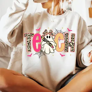 Spooky Teacher Halloween Shirt, Teacher Halloween Shirt Design Sweatshirt, Pink Leopard Ghost Teacher T-Shirt, Trick Or Teach T-Shirt, Teacher Pencil Bow
