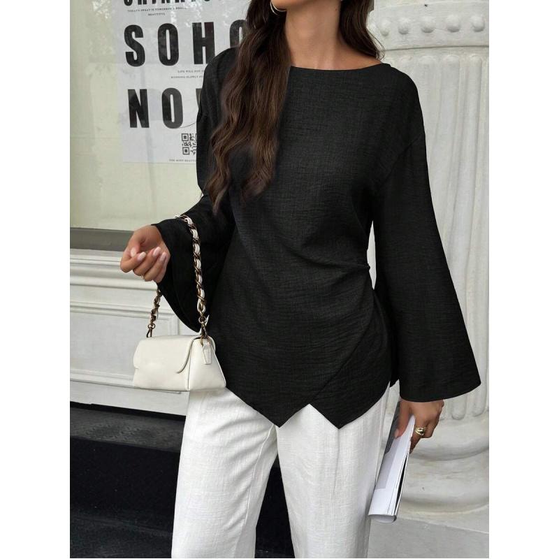 Women's Black Solid Color Pleated Asymmetric Hem Long Sleeve Elegant Blouse Fabric Fit Casual Top Woven Polyester Shirt