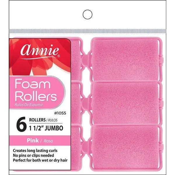 Annie #1055 Jumbo Foam Hair Rollers, 6-Count Pink Haircare Styling Tool for Heatless Curls, Curls Hair Rollers, Hair Roller