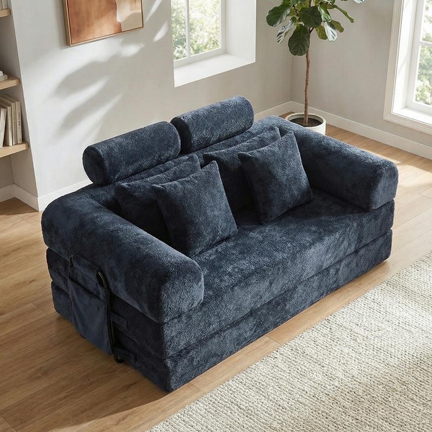 Large size double boneless convertible folding sofa bed with fixed shape frame and storage bag. Headrest design with pillow for dual comfort