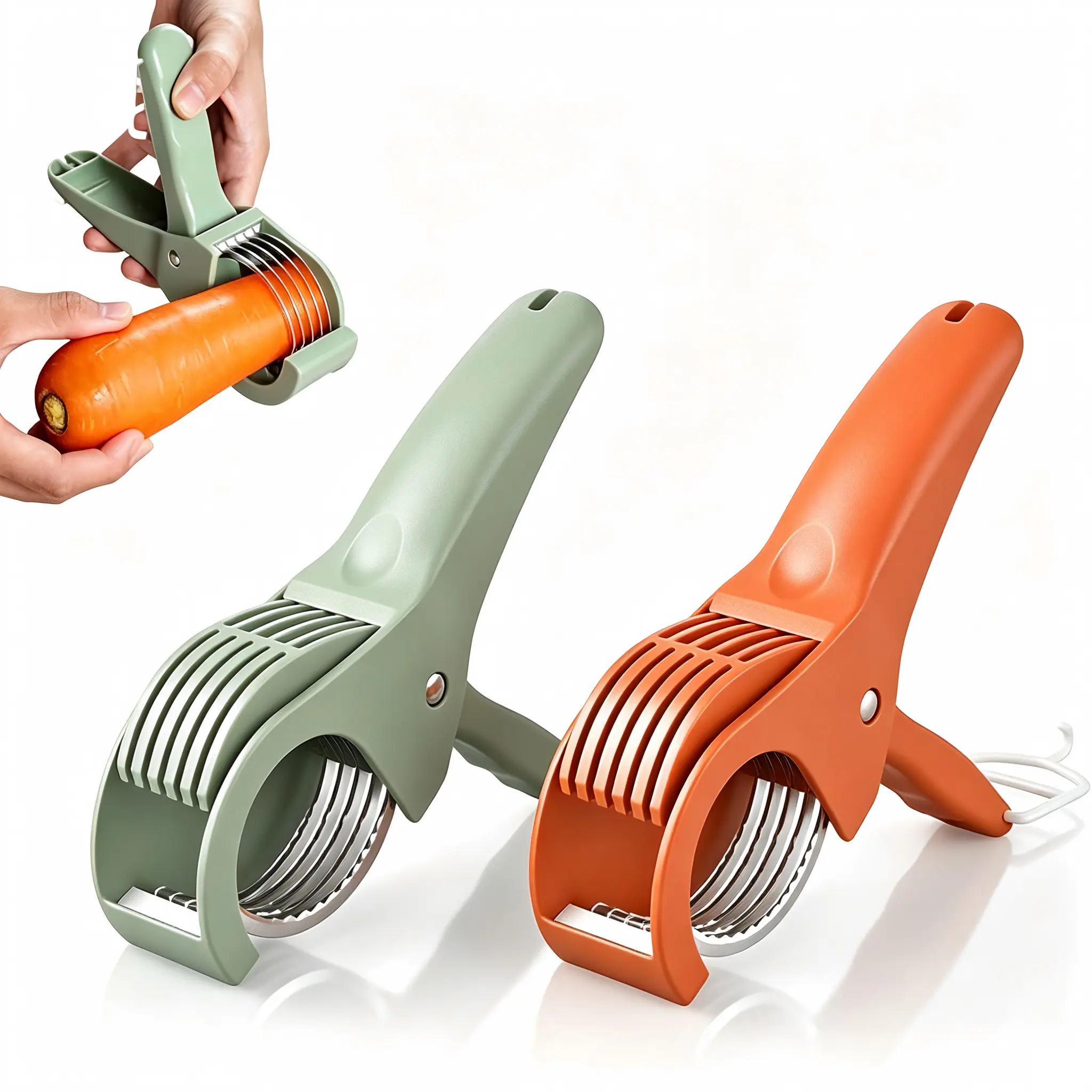 Portable Fruit and Vegetable Slicer with Multi-Blade Design, Effortless Peeling and Slicing Kitchen Tool, Compact Handheld Cutter for Daily Food Prep in Green and Orange