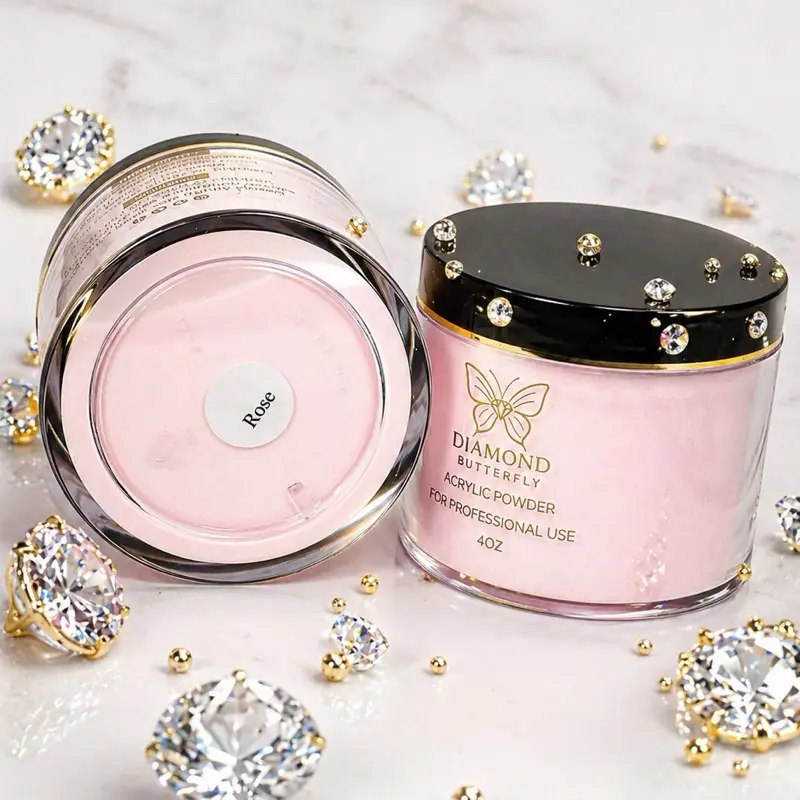 Diamond Butterfly Rose Acrylic Powder 4oz for Professional Use in Pink Container
