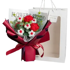 Women's Crochet Rose Bouquet For Home Decor Artificial Flowers Handmade with Light Gift Box Mother's Day
