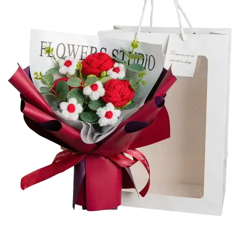 Women's Crochet Rose Bouquet For Home Decor Artificial Flowers Handmade with Light Gift Box Mother's Day