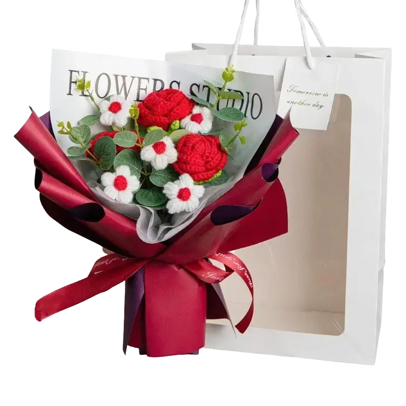 Women's Crochet Rose Bouquet For Home Decor Artificial Flowers Handmade with Light Gift Box Mother's Day